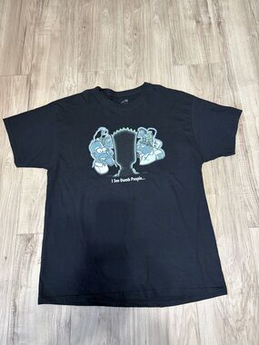 Black Graphic Tee with Light Blue Cartoon Print